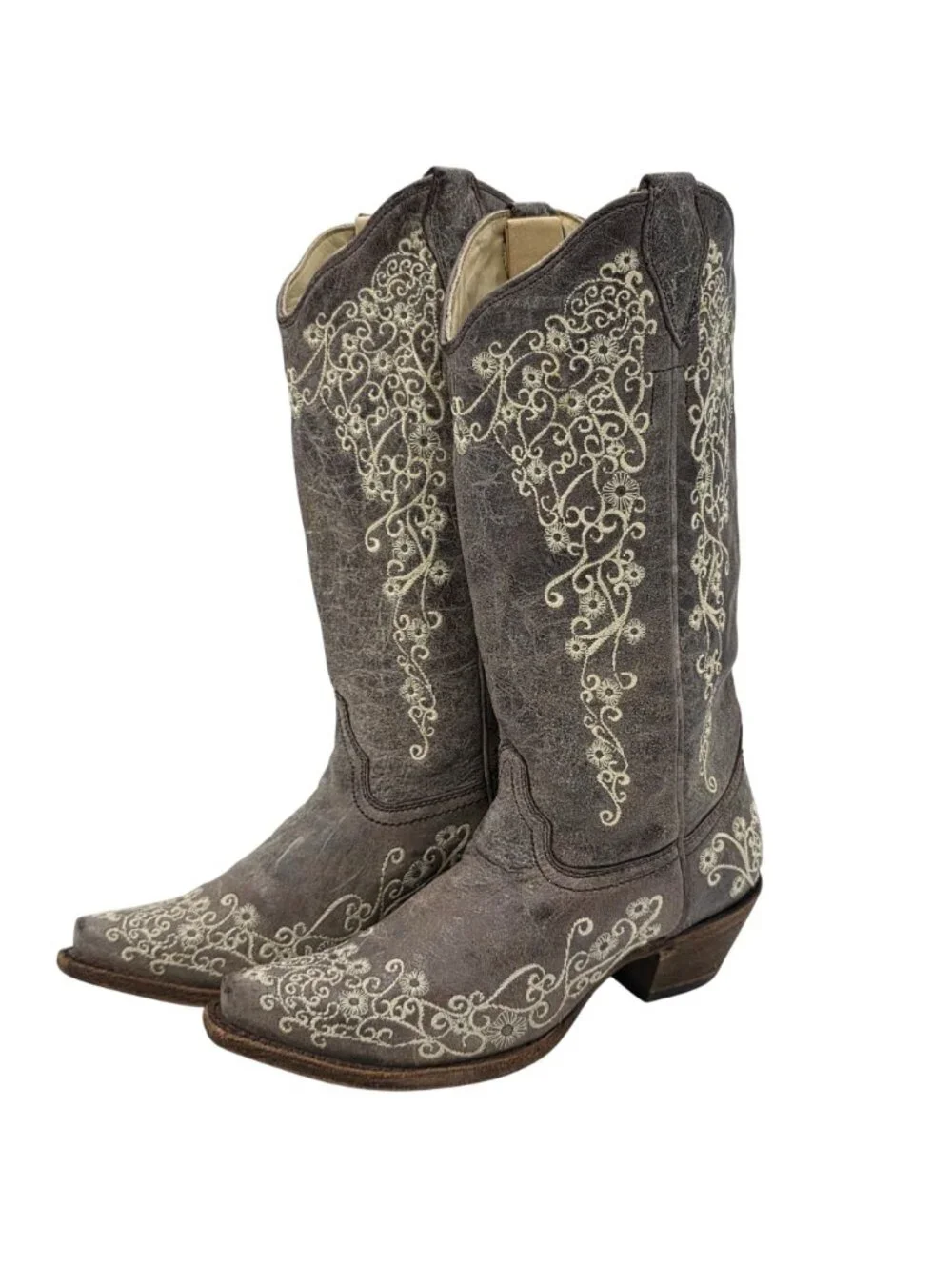 Corral Distressed Brown Leather Floral Cowgirl Western Boots Women 7M Snip Toe - Picture 12 of 16